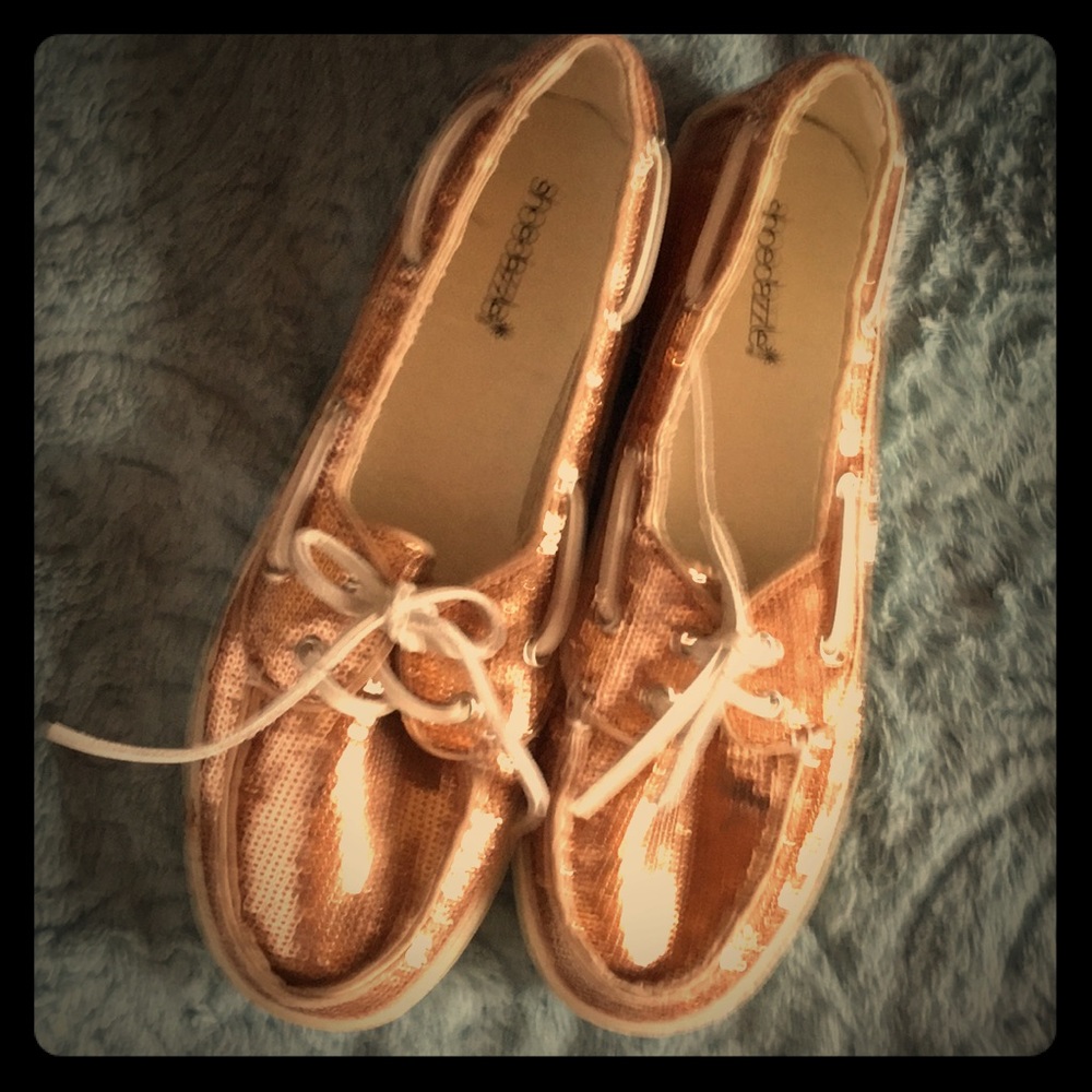 Rose gold sequin flats.